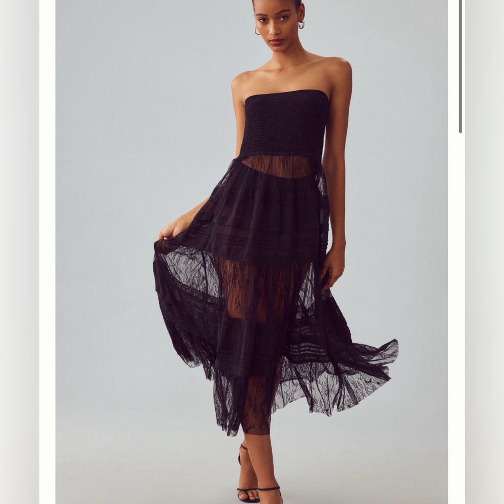 By Anthropologie Smocked Sheer Lace Overlay Dress